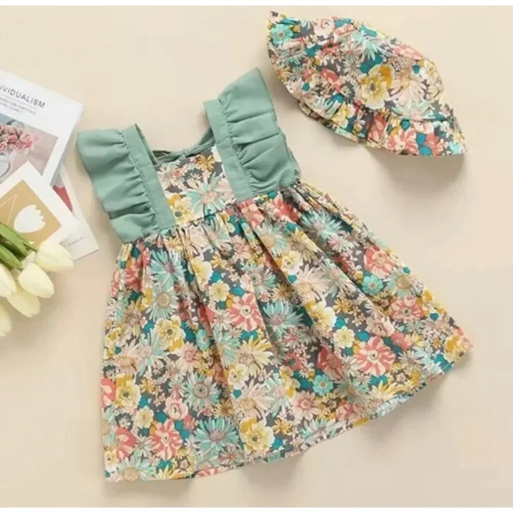 2T Floral Ruffled Cotton Little Girl Dress & Hat